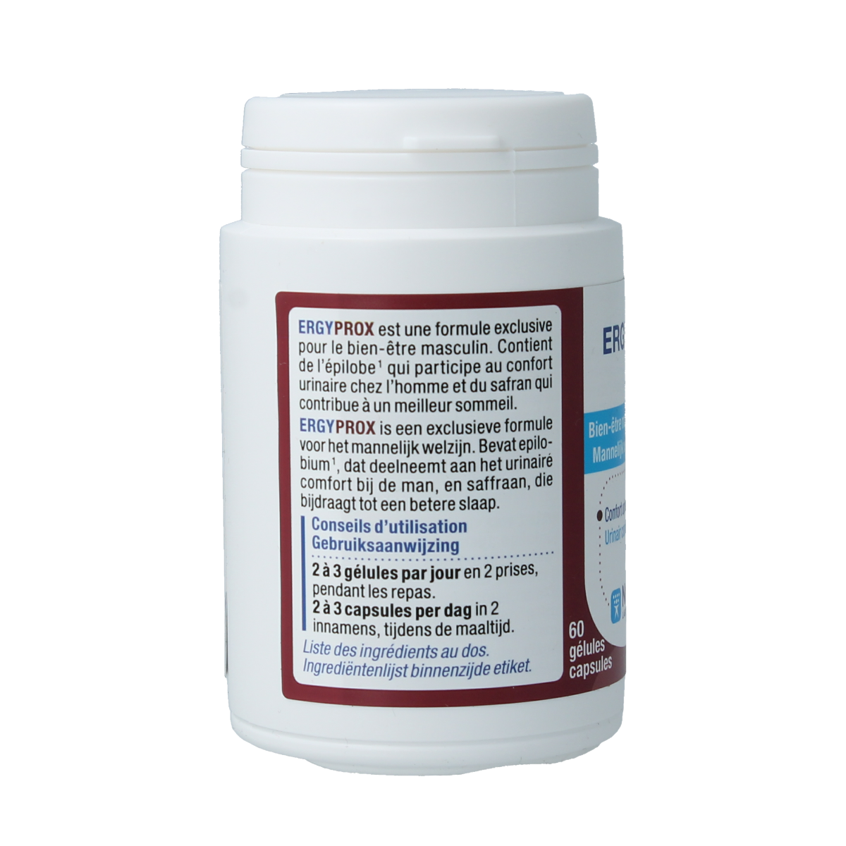 Nutergia Ergyprox capsules, herbal supplement in a white bottle with green label, featuring 60 capsules on a white background.