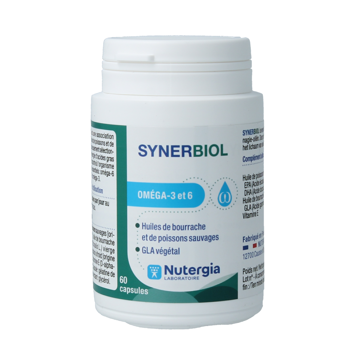 Nutergia Synerbiol Vetzuren capsules in a bottle, showing the supplement's packaging and label.
