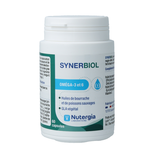 Nutergia Synerbiol Vetzuren capsules in a bottle, showing the supplement's packaging and label.