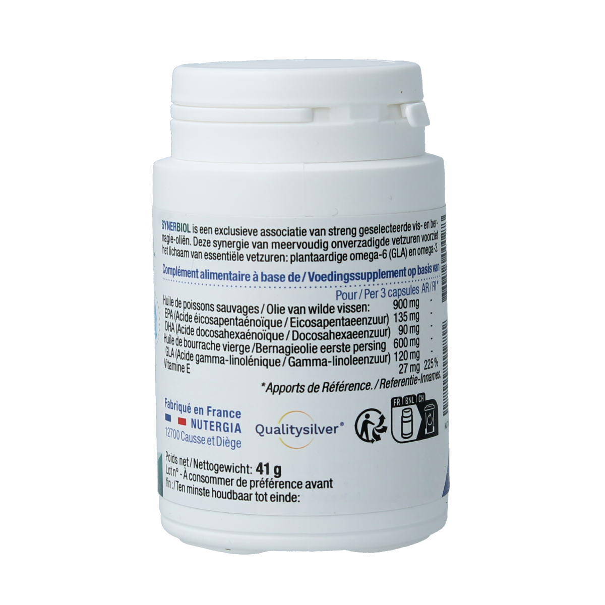 Nutergia Synerbiol Vetzuren capsules in a bottle, dietary supplement with 60 capsules for gut health and wellness.