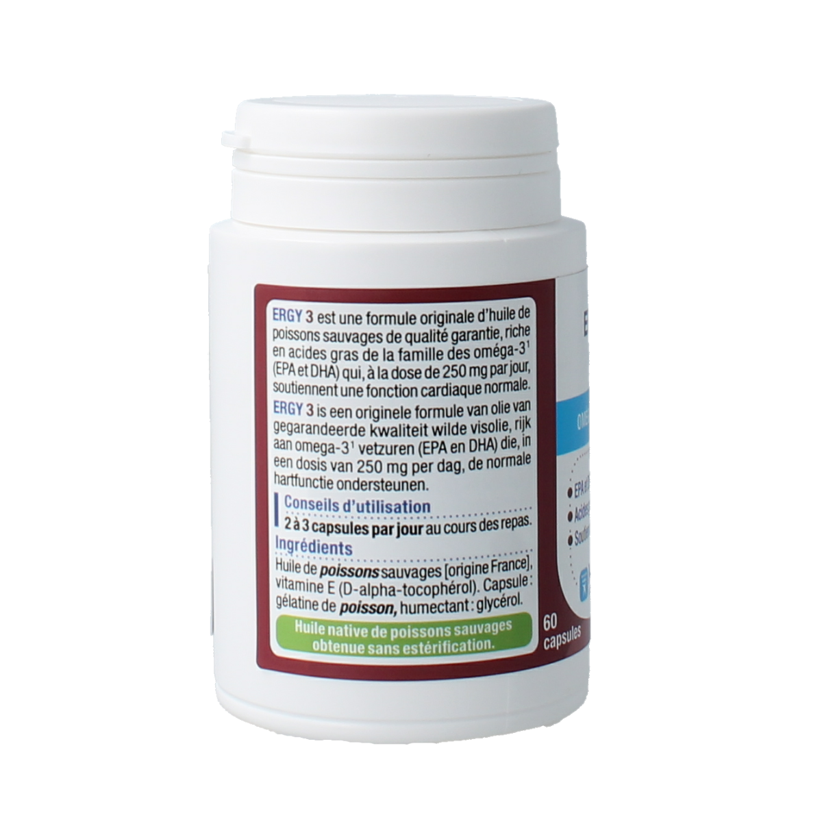 Nutergia Ergy 3 Vetzuren capsules, 60-count, showing the supplement bottle and label for dietary health support.