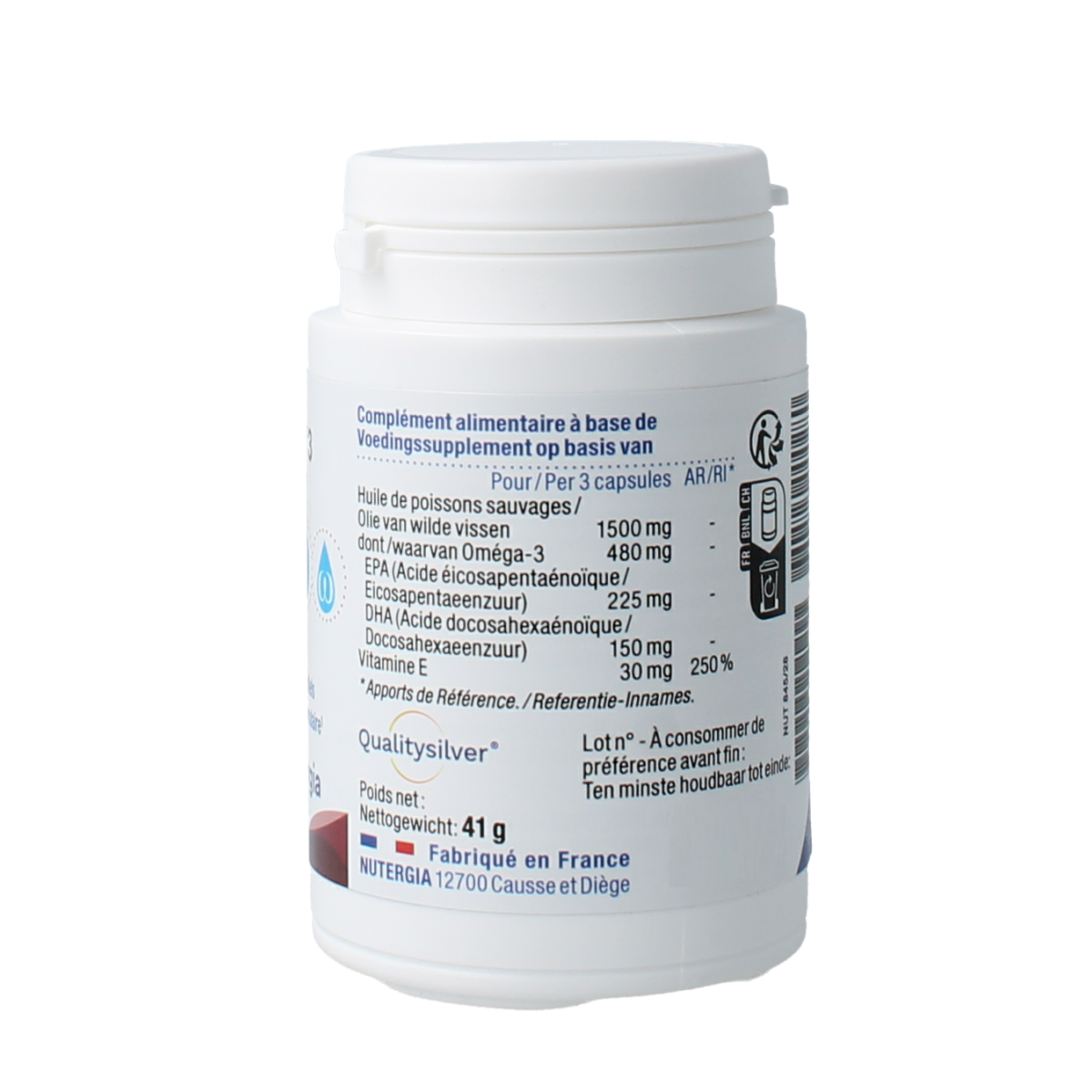 Nutergia Ergy 3 Vetzuren capsules in a bottle, dietary supplement for health support, with a clear label and capsule details visible.