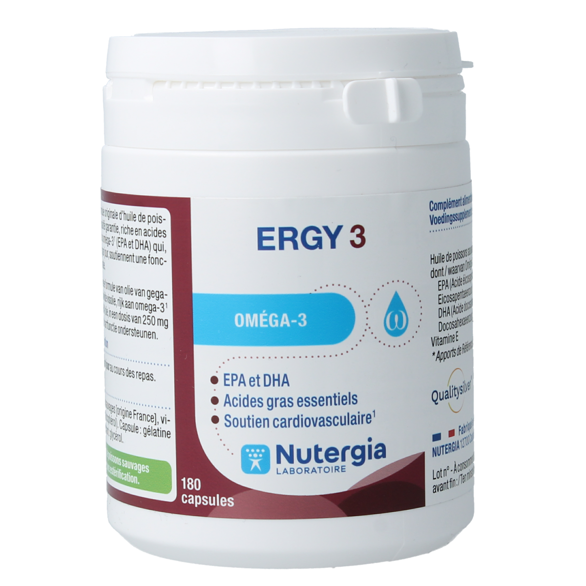 Nutergia Ergy 3 Vetzuren capsules bottle with label, showing 180 capsules of nutritional supplement.