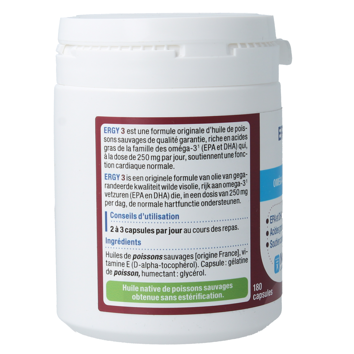 Nutergia Ergy 3 Vetzuren capsules, 180-count, close-up of the supplement bottle with capsules visible inside.