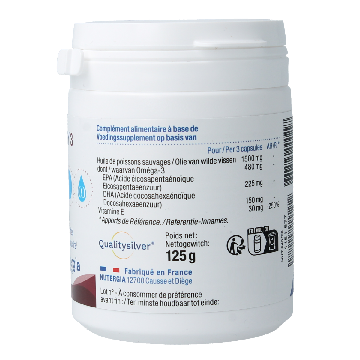 Nutergia Ergy 3 Vetzuren capsules in a blister pack, showing the supplement's packaging and capsules inside.