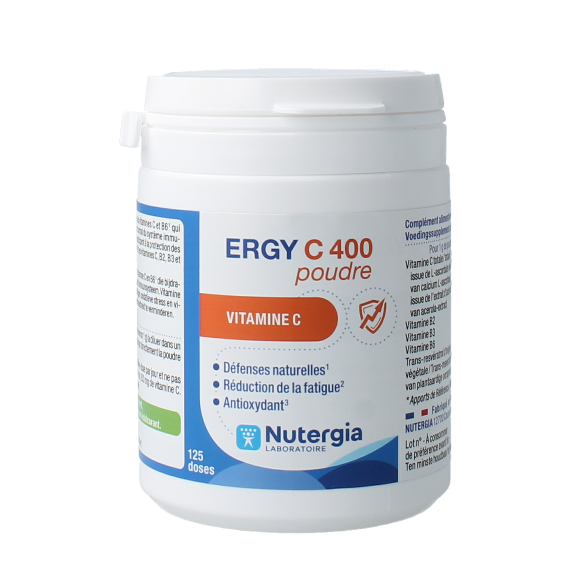 Nutergia Ergy C 400 vitamin powder in a 125g container, showing the label and product packaging.