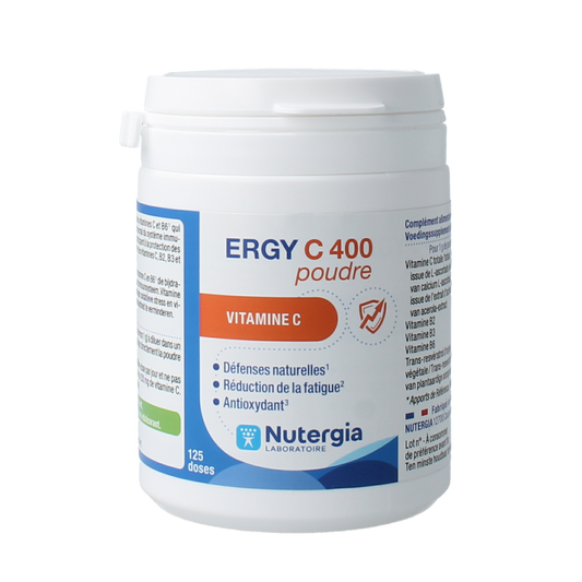 Nutergia Ergy C 400 vitamin powder in a 125g container, showing the label and product packaging.