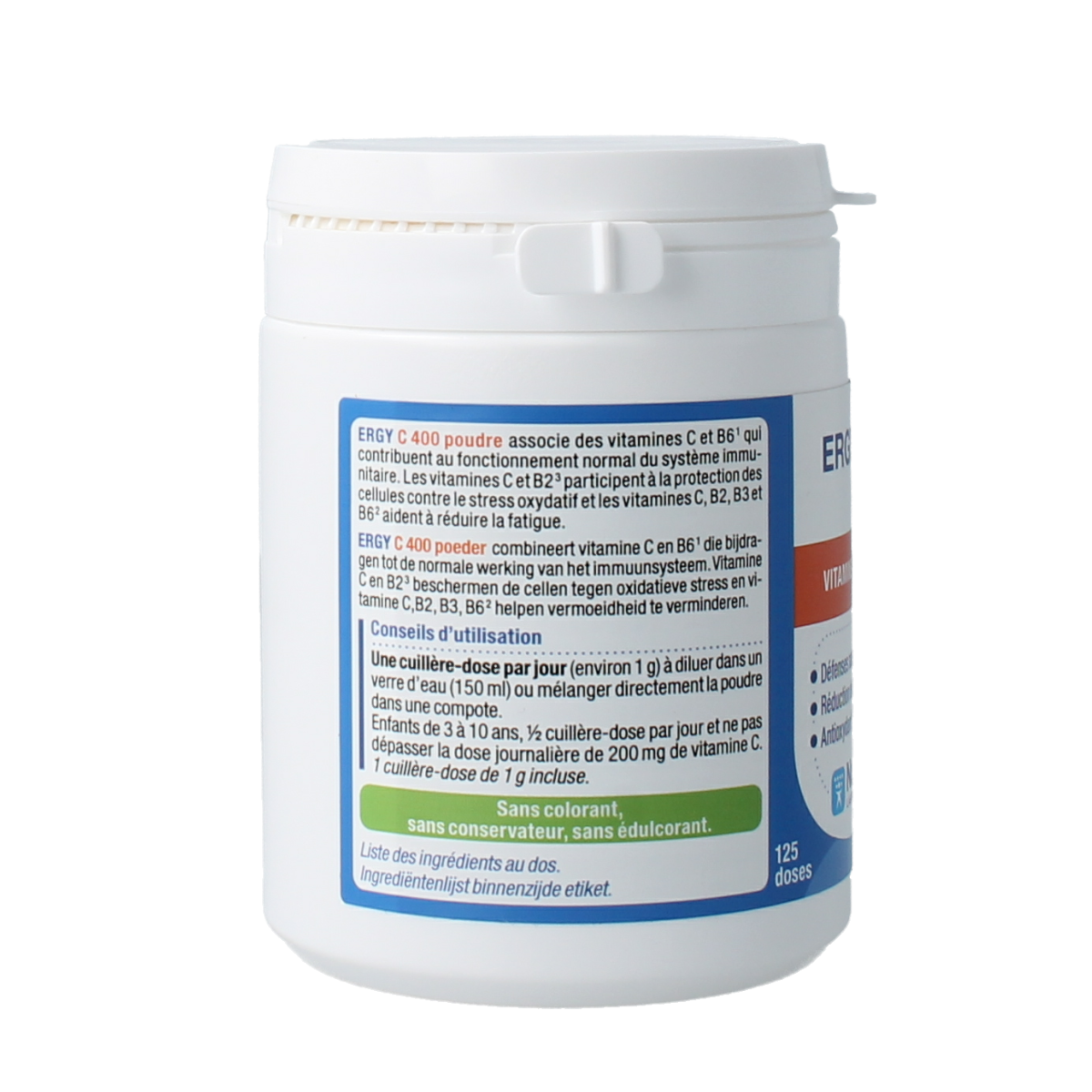 Nutergia Ergy C 400 vitamin powder in a 125g container, showing the label and product packaging.