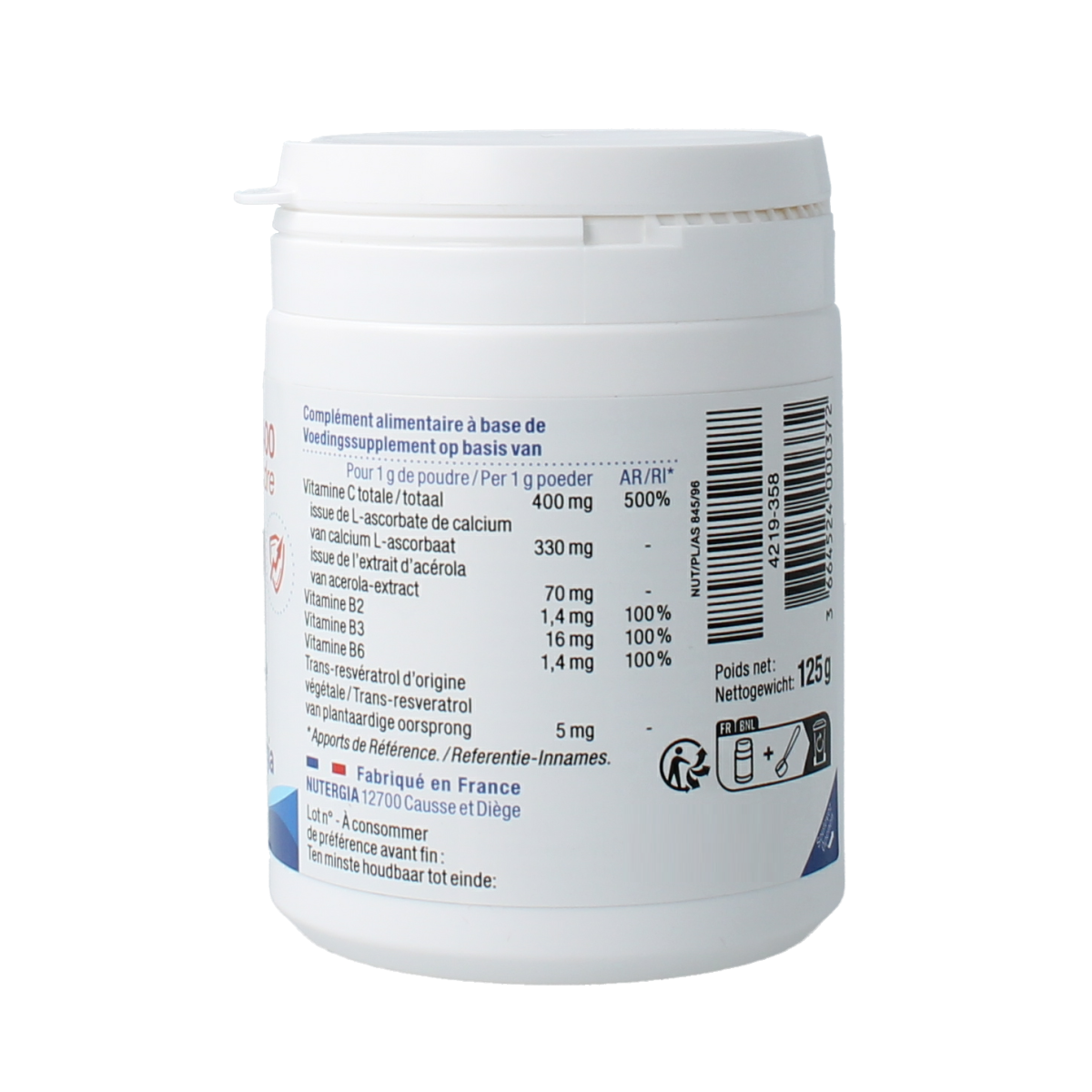 Nutergia Ergy C 400 vitamin powder in 125g container, orange-flavored vitamin supplement with natural ingredients.