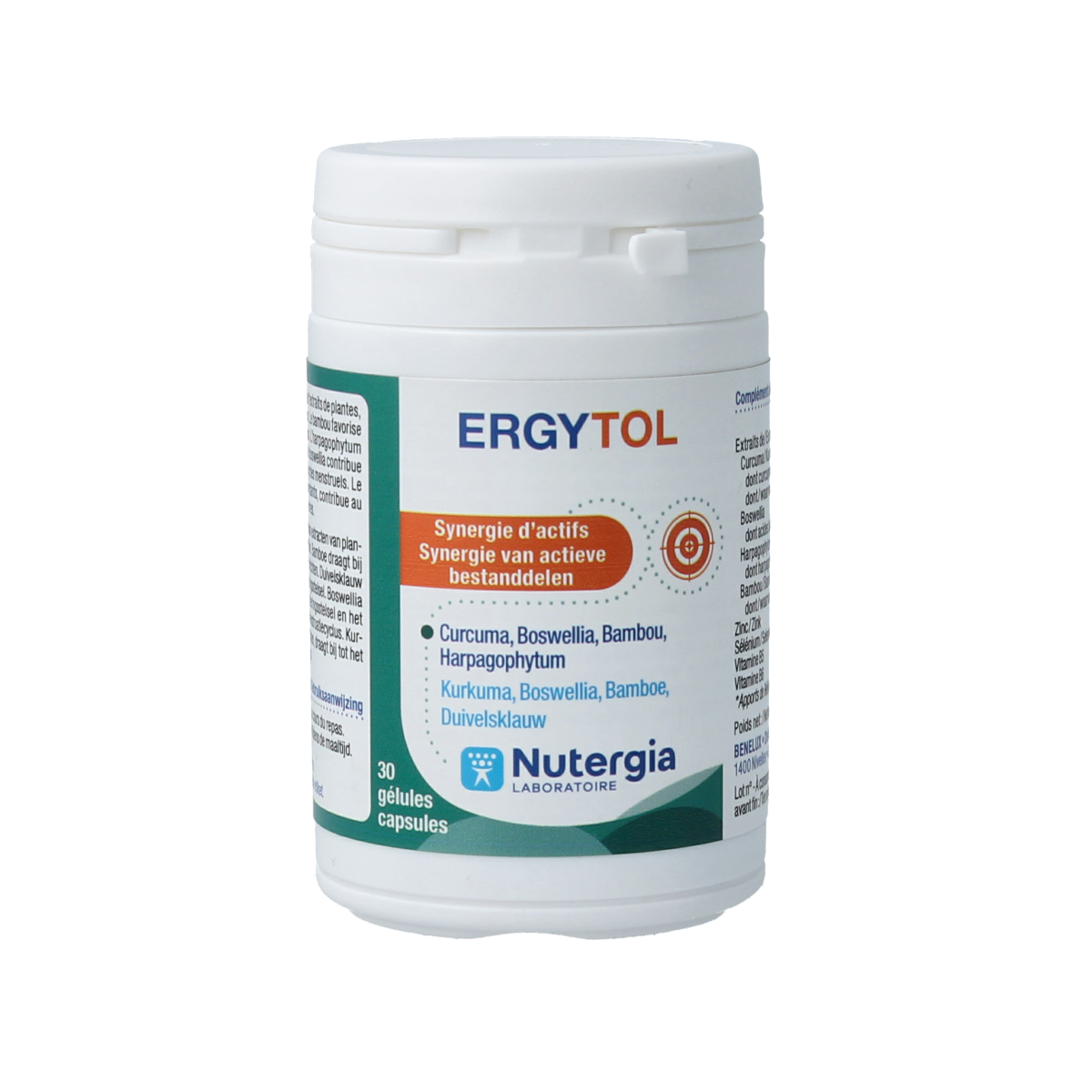 Nutergia Ergytol capsules, herbal supplement in a white bottle with a label, ready for use.
