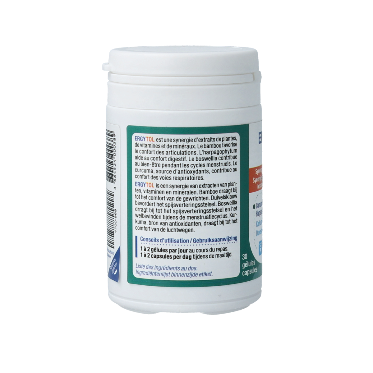 Nutergia Ergytol capsules, herbal supplement in a white bottle with blue label, showing 30 capsules inside.