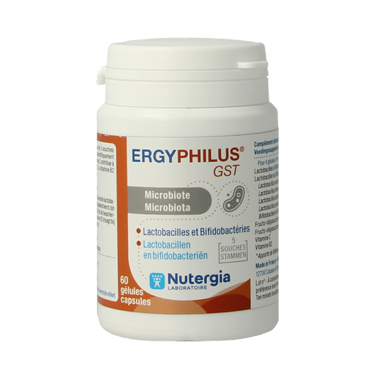 Nutergia Ergyphilus GST capsules, probiotic supplement in a white bottle with green and blue label, designed for gut health.