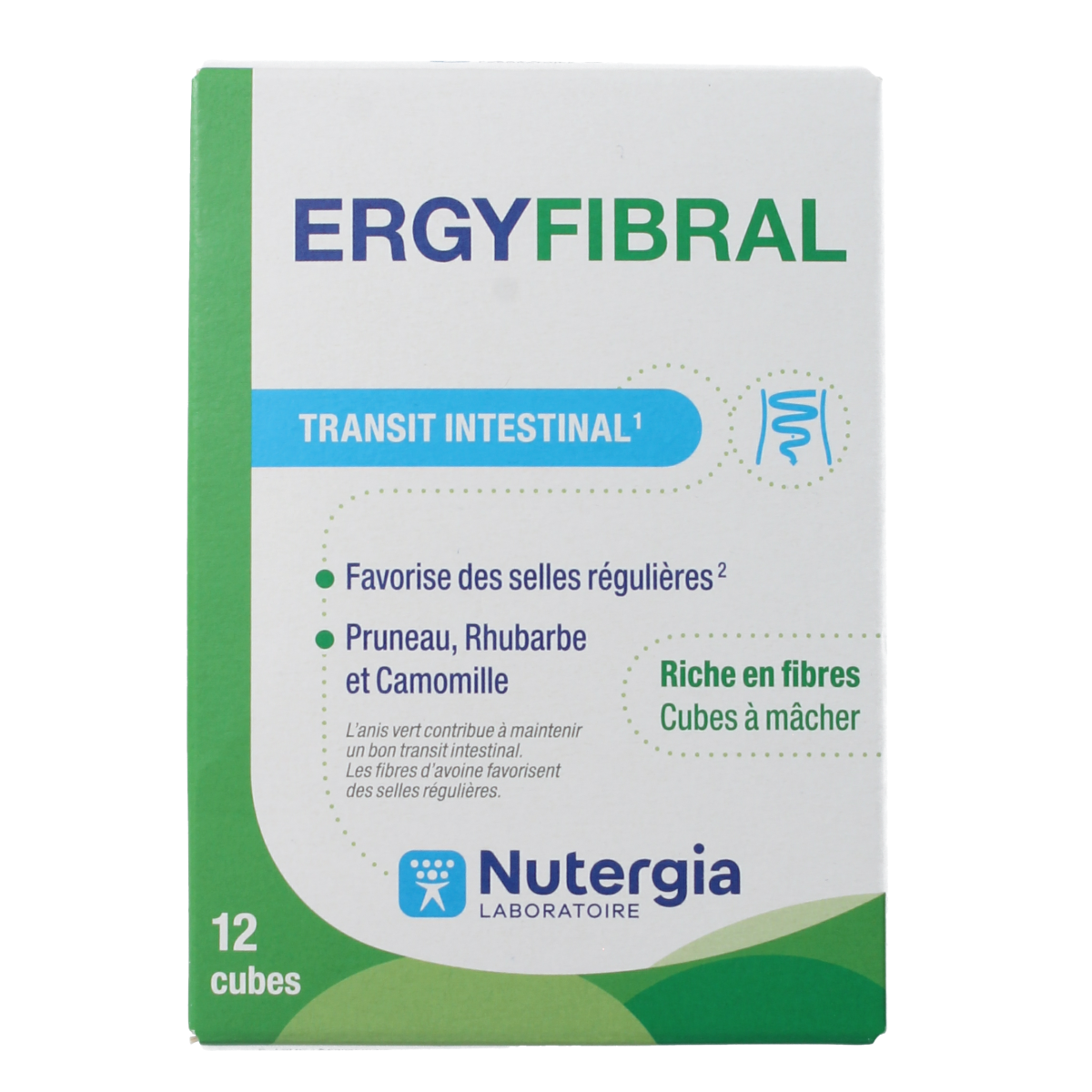 Nutergia Ergyfibral dietary supplement with fibers and enzymes, shown in packaging, supports digestive health.