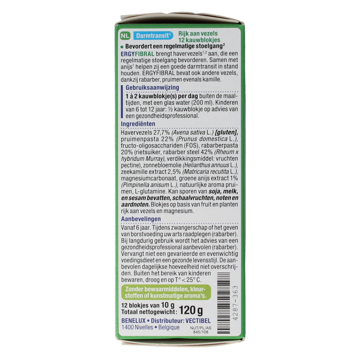 Nutergia Ergyfibral fiber and enzyme supplement box showing 12 pieces, featuring colorful packaging with natural ingredients.