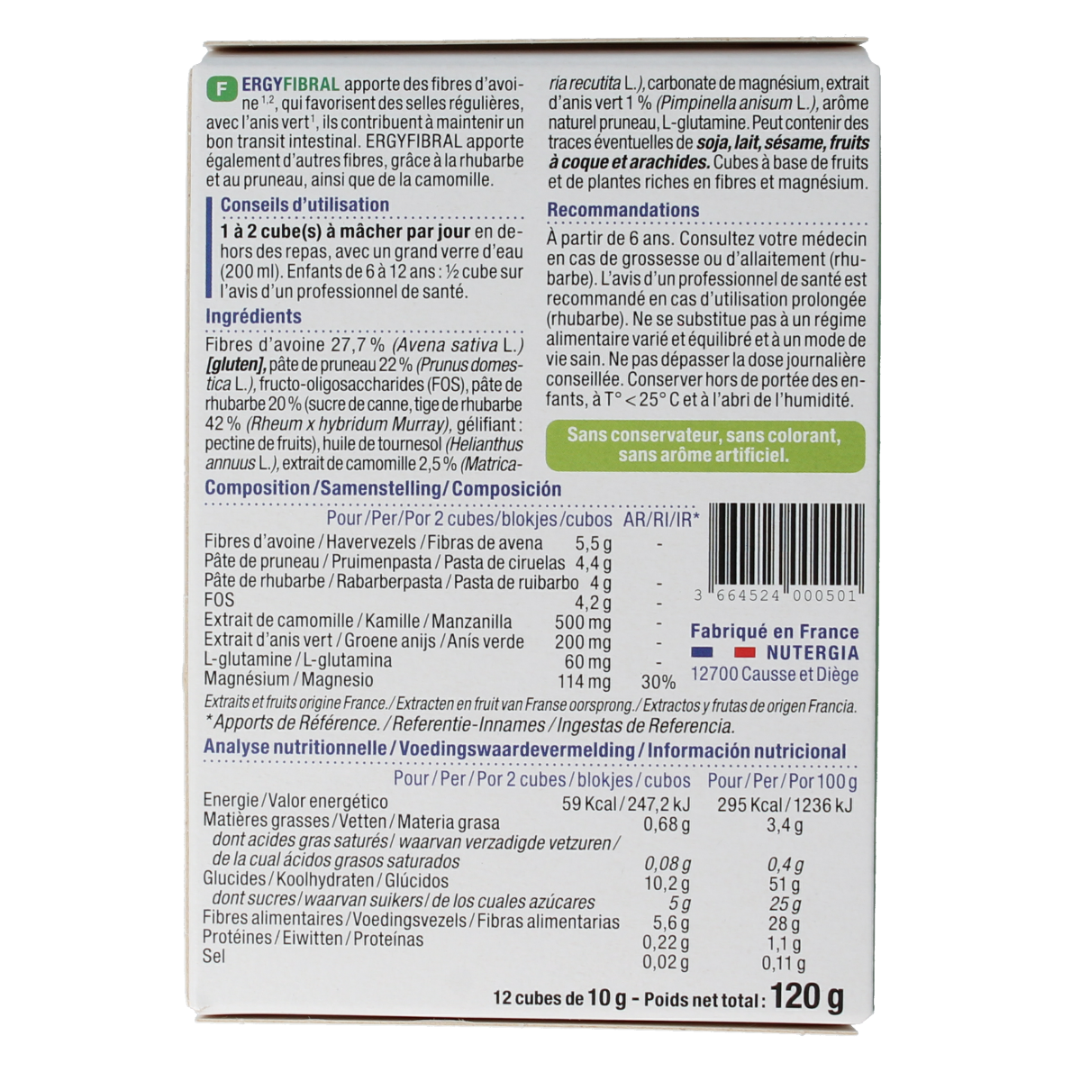 Nutergia Ergyfibral fiber and enzyme supplement box with 12 units, featuring natural ingredients and product branding.