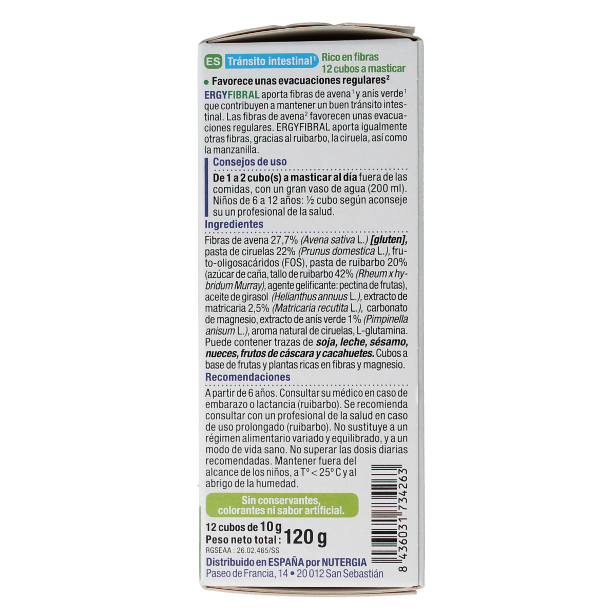 Nutergia Ergyfibral fibers and enzymes supplement, showing 12 capsules in a blister pack with product packaging.