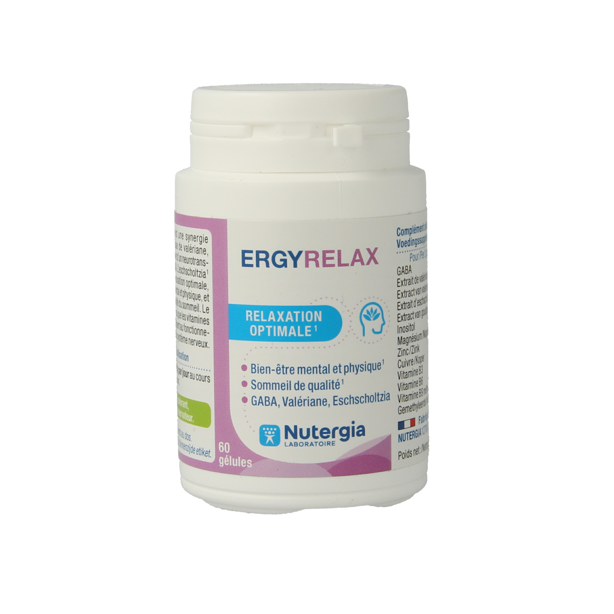 Nutergia Ergyrelax capsules, herbal supplement in a blister pack, designed for relaxation and stress relief.