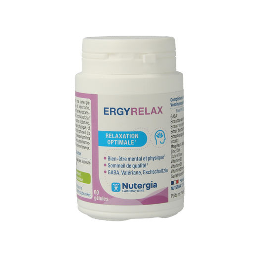 Nutergia Ergyrelax capsules, herbal supplement in a blister pack, designed for relaxation and stress relief.