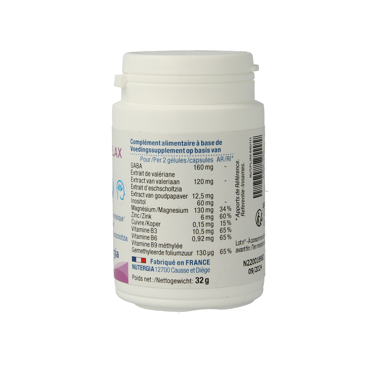 Nutergia Ergyrelax herbal supplement capsules in a clear bottle, designed for relaxation and stress relief.