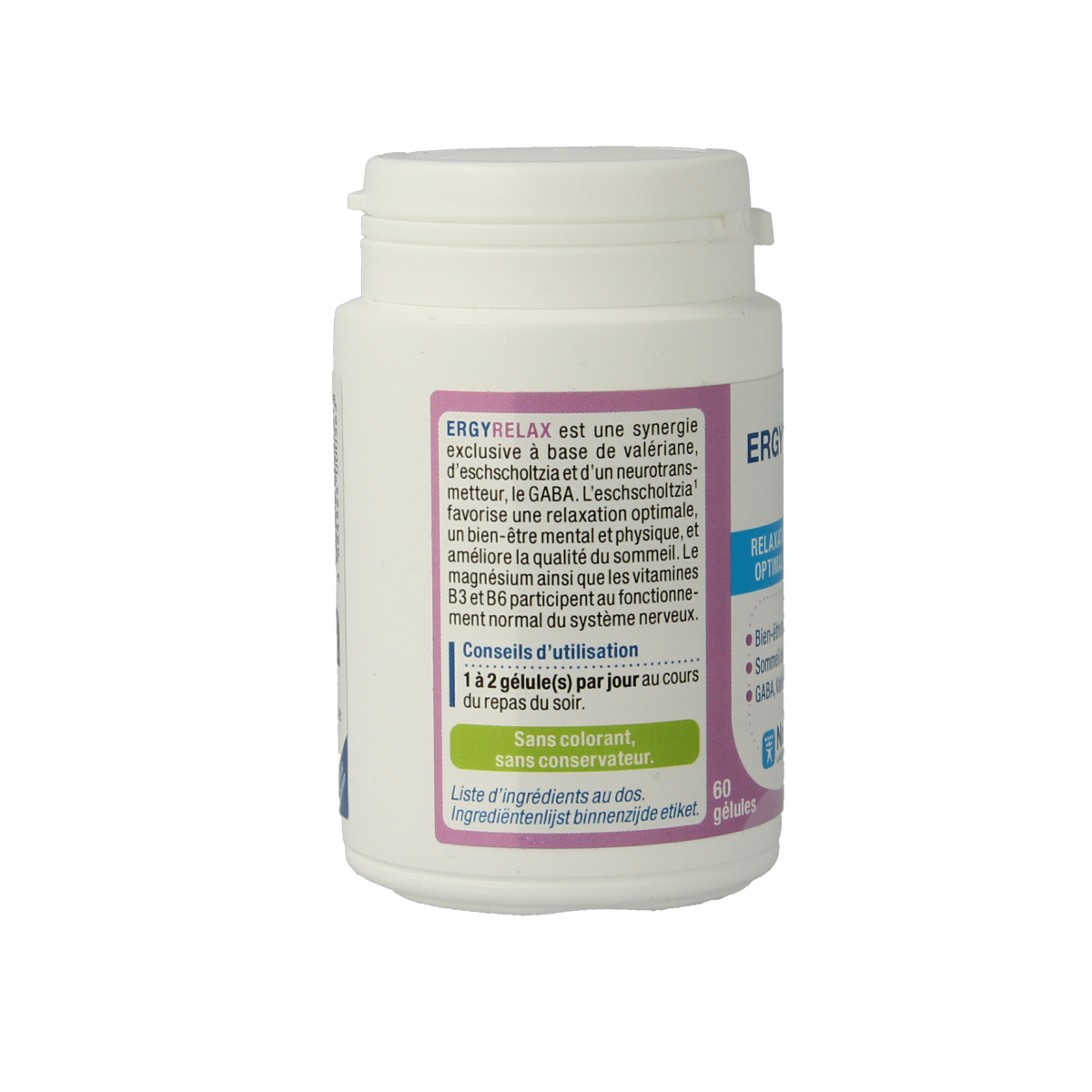Nutergia Ergyrelax capsules, herbal supplement by Nutergia, showing the bottle with 60 capsules on the label.