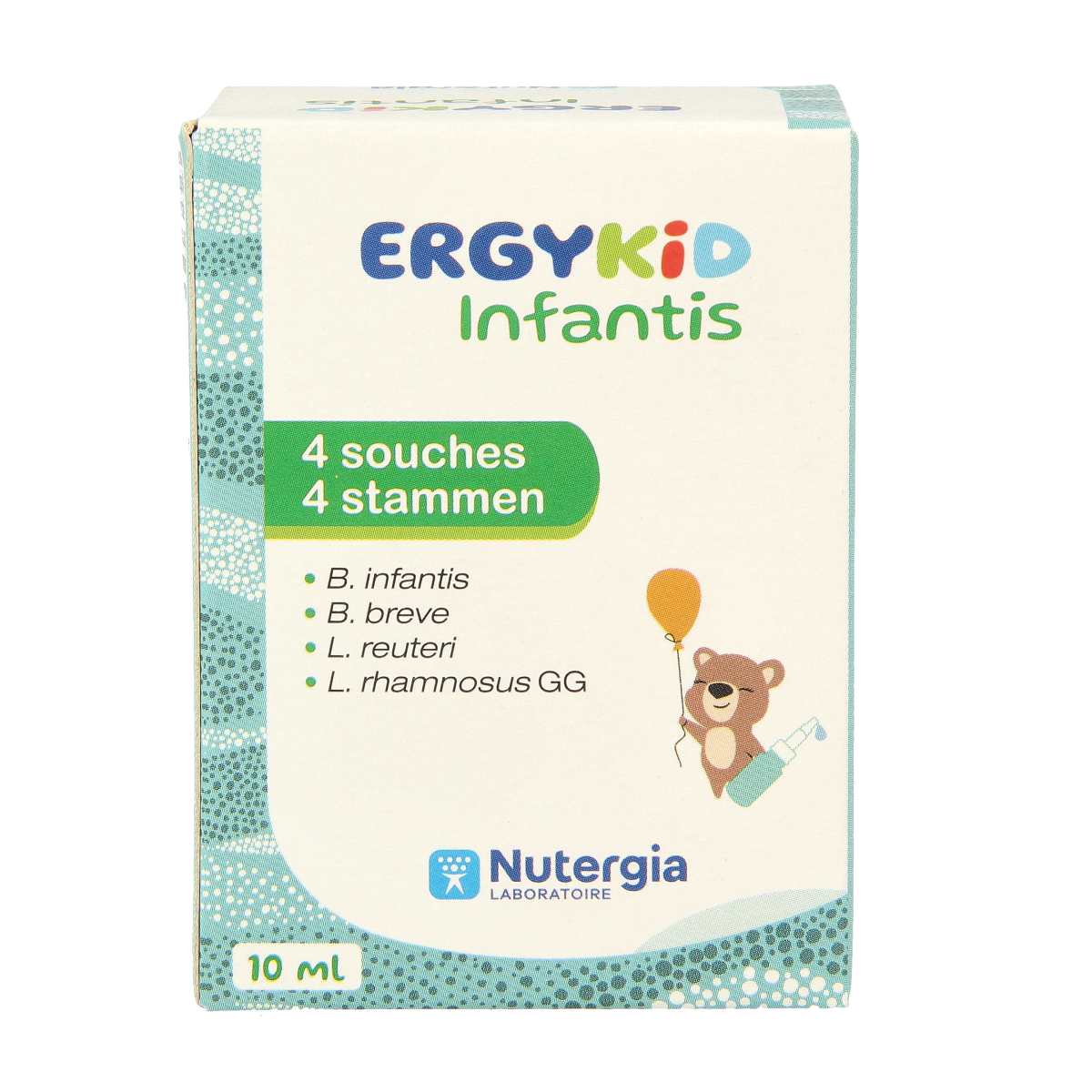 Nutergia Ergykid infantis herbal supplement bottle with 10ml dropper for infants, featuring label with brand and product details.