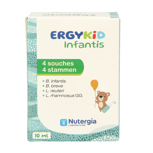Nutergia Ergykid infantis herbal supplement bottle with 10ml dropper for infants, featuring label with brand and product details.