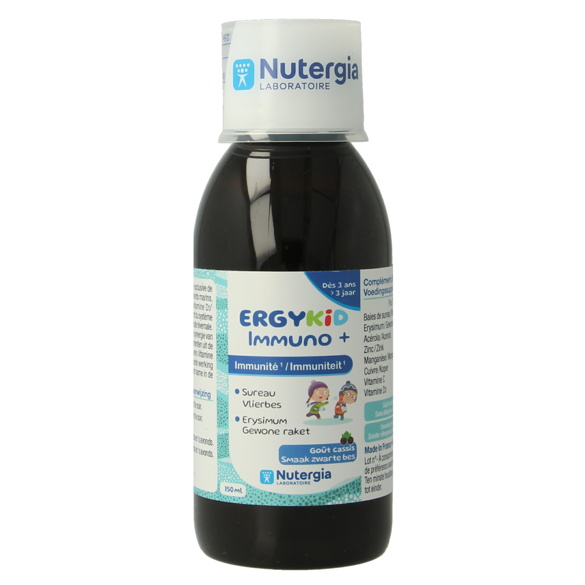 Nutergia Ergykid Immuno+ herbal supplement bottle, 150ml, with colorful label and dropper cap, for children's immune support.