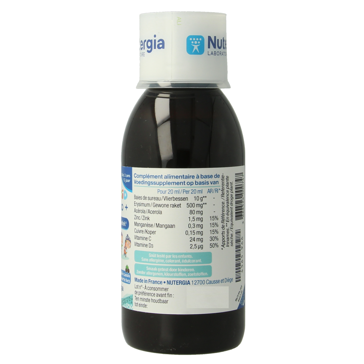 Nutergia Ergykid Immuno+ herbal supplement in a 150ml bottle, featuring natural ingredients for immune support.