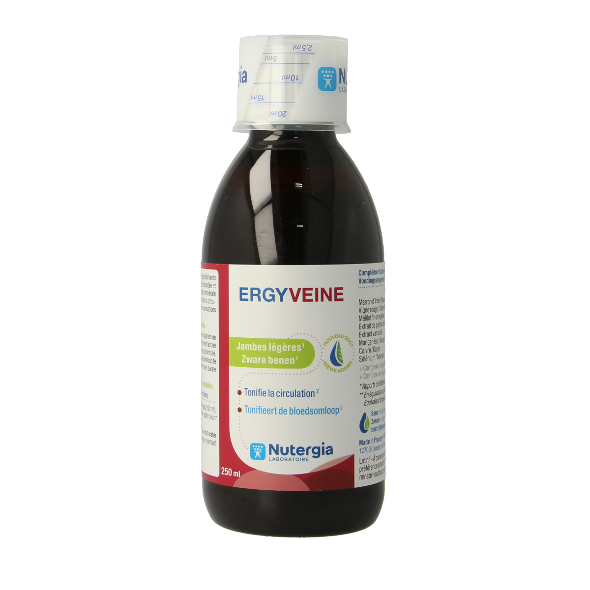 Nutergia Ergyveine herbal supplement bottle, 250ml, with label featuring product details and branding.