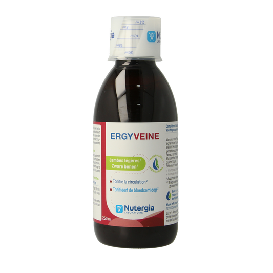 Nutergia Ergyveine herbal supplement bottle, 250ml, with label featuring product details and branding.