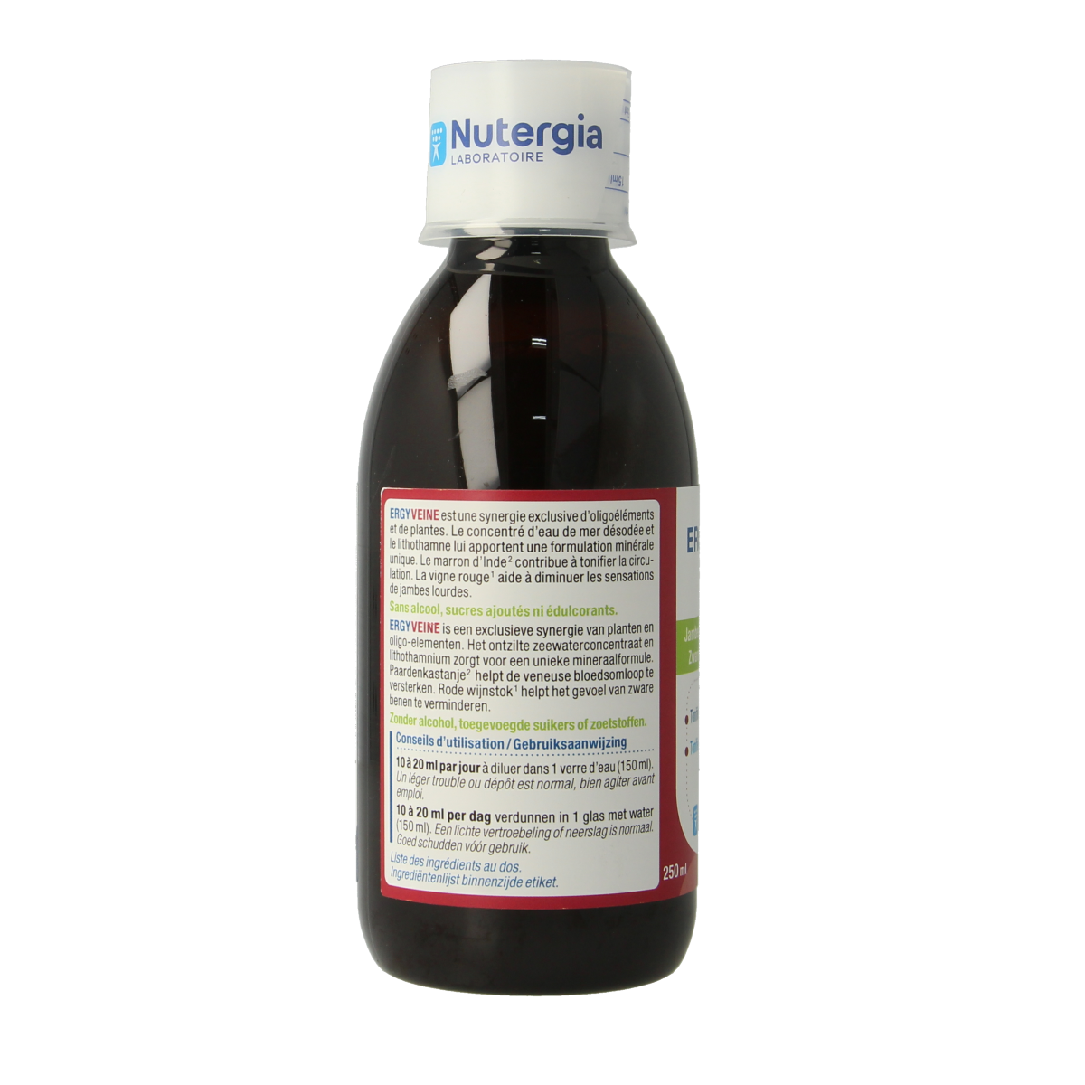 Nutergia Ergyveine herbal supplement in a 250ml bottle, natural herbal preparation for health support.