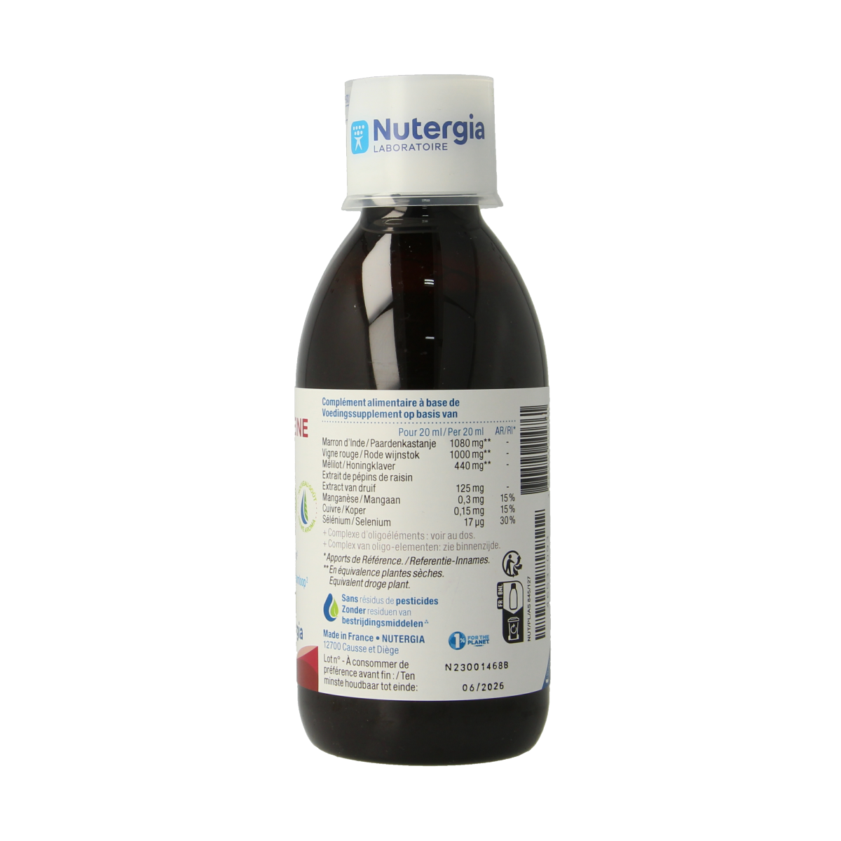 Nutergia Ergyveine herbal supplement bottle, 250ml, with label showing product details and branding.