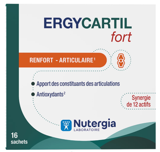 Nutergia Ergycartil fort dietary supplement sachets, featuring herbal and nutritional ingredients for joint support.