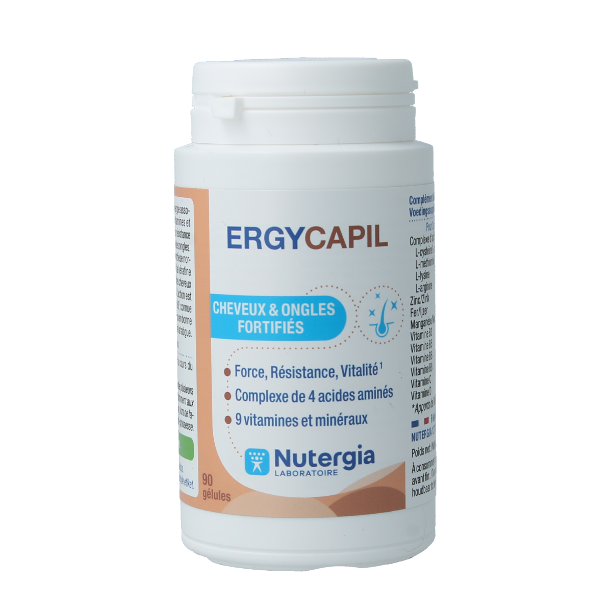 Nutergia Ergycapil amino acids supplement capsules, showing a bottle of Nutergia Ergycapil with 90 capsules in the image.