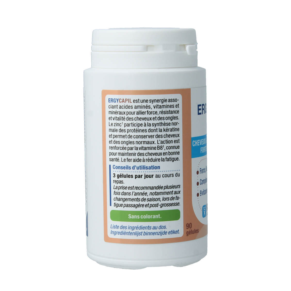 Nutergia Ergycapil amino acid capsules in a bottle, dietary supplement for hair and scalp health.