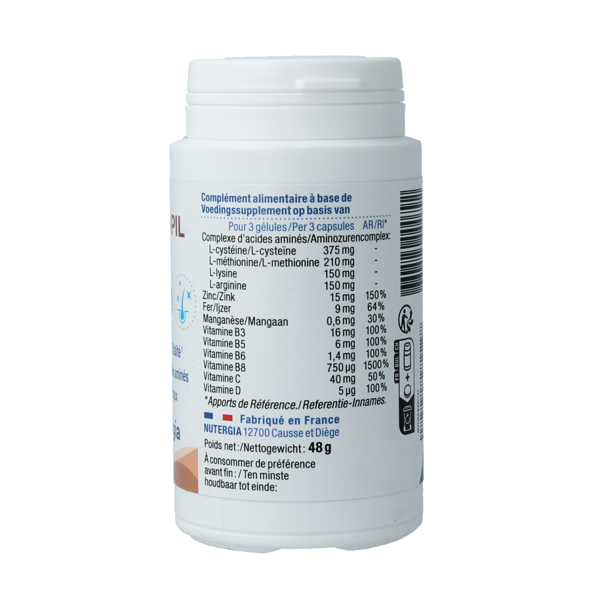 Nutergia Ergycapil amino acid capsules in a clear bottle with a white label, showing the capsules inside.