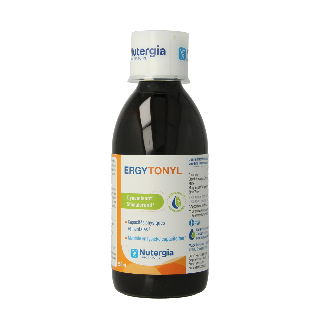 Nutergia Ergytonyl herbal supplement bottle, 250ml, with label showing product details and branding, on a white background.