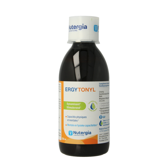 Nutergia Ergytonyl herbal supplement bottle, 250ml, with label showing product details and branding, on a white background.