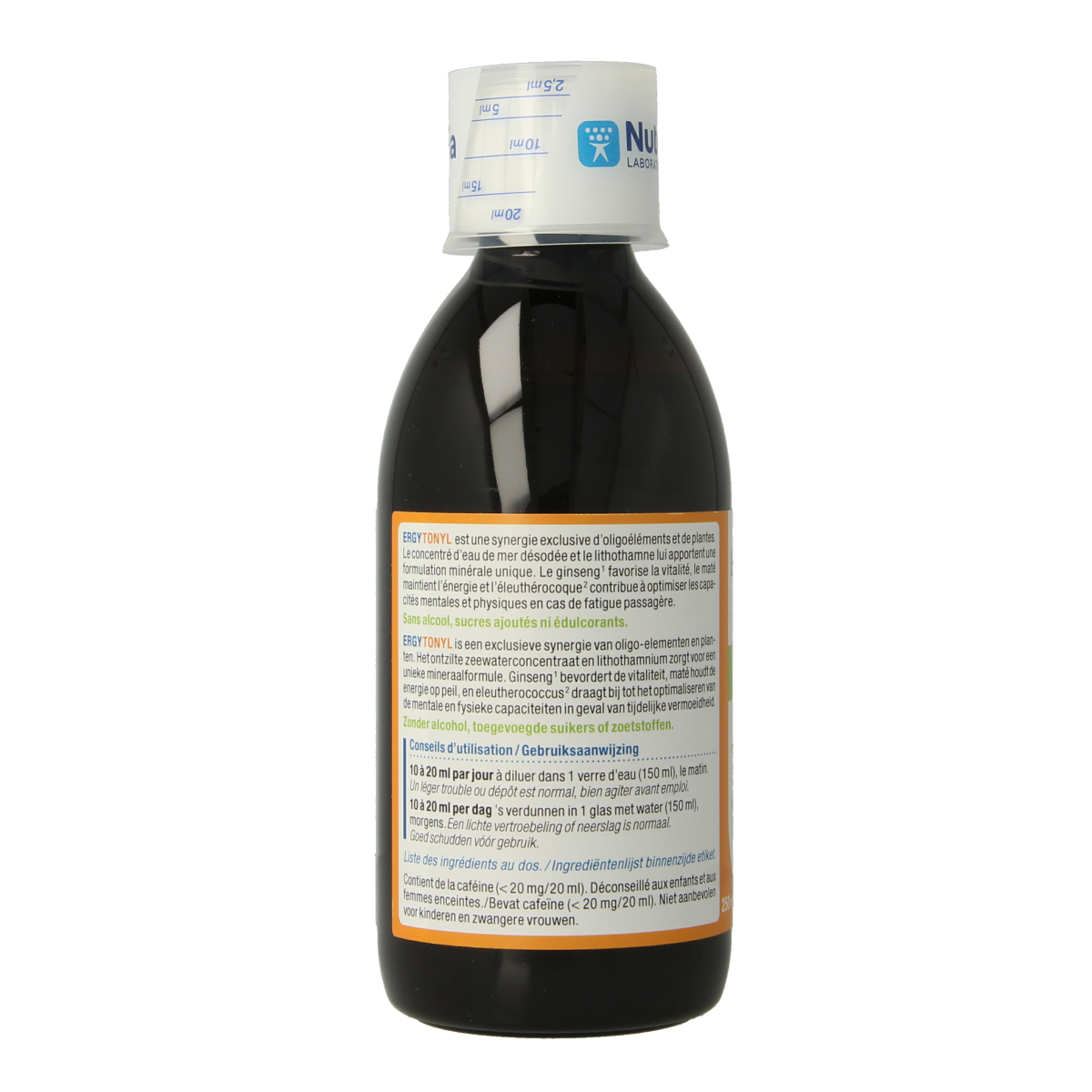 Nutergia Ergytonyl herbal supplement bottle, 250ml, featuring a colorful label with herbal imagery and brand logo.