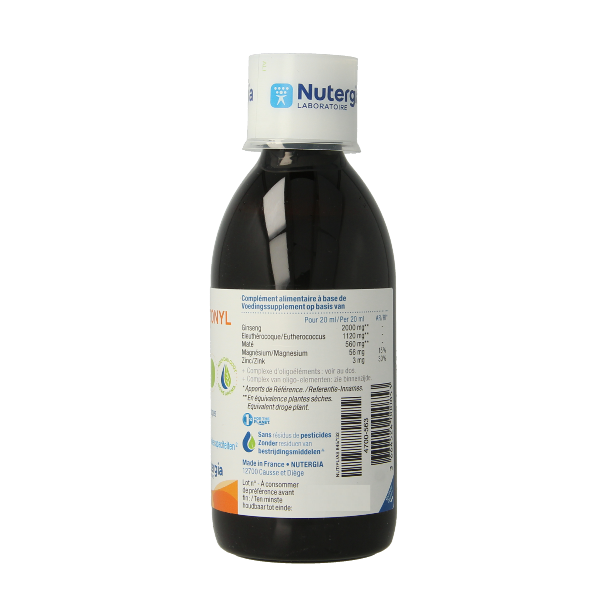 Nutergia Ergytonyl herbal supplement bottle, 250ml, with label showing product details and branding.