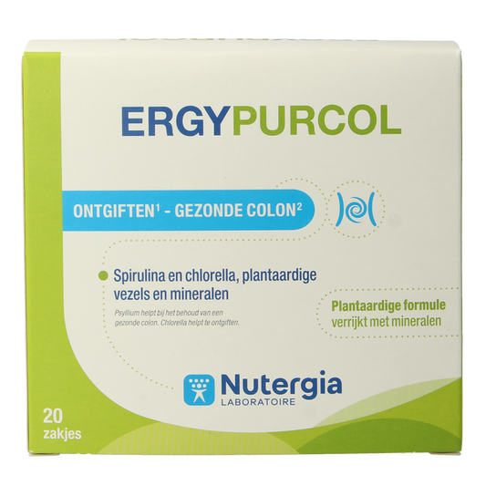 Nutergia Ergypurcol herbal supplement sachets, natural herbal remedy for digestion, displayed in a close-up image.