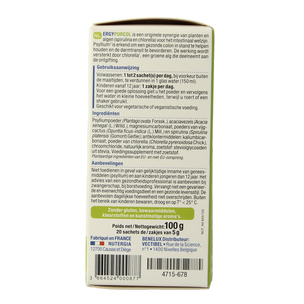 Nutergia Ergypurcol herbal supplement sachets, natural herbal remedy product with 20 sachets for digestive support.