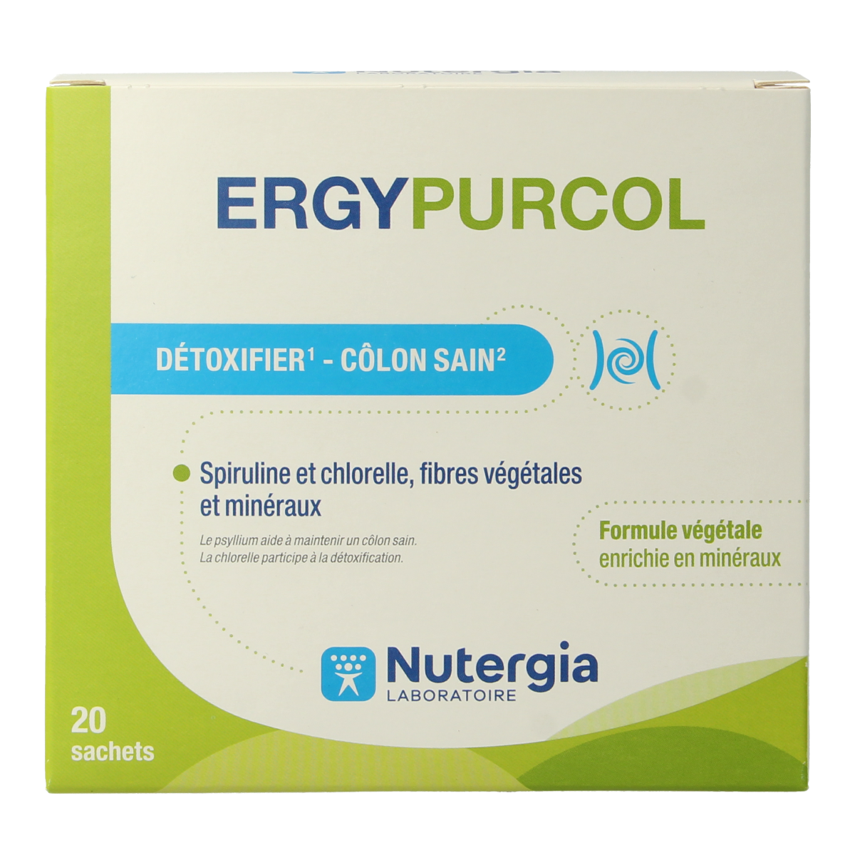 Nutergia Ergypurcol sachets of herbal supplement in a box, used for natural digestive support and herbal health care.