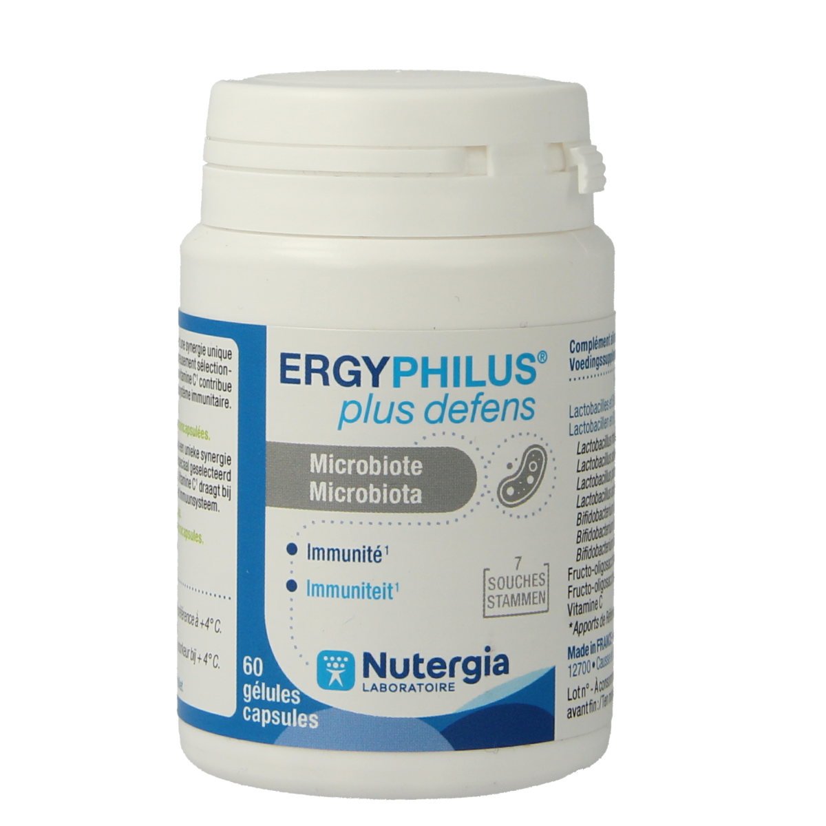 Nutergia Ergyphilus Plus Defens probiotic capsules showing a close-up of the bottle with 60 capsules inside.