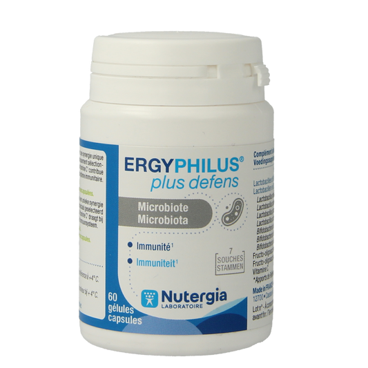 Nutergia Ergyphilus Plus Defens probiotic capsules showing a close-up of the bottle with 60 capsules inside.