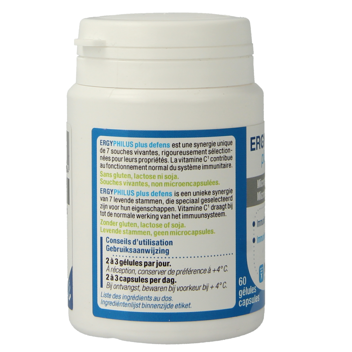 Nutergia Ergyphilus Plus Defens probiotic capsules with micro-organisms, shown in a bottle with capsules inside.