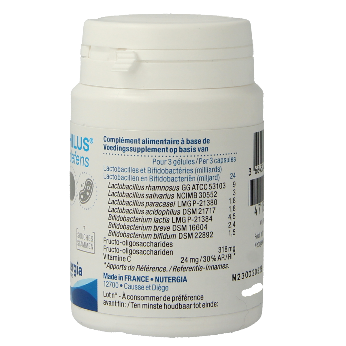 Nutergia Ergyphilus Plus Defens probiotic capsules showing the product bottle and capsules on a white background.