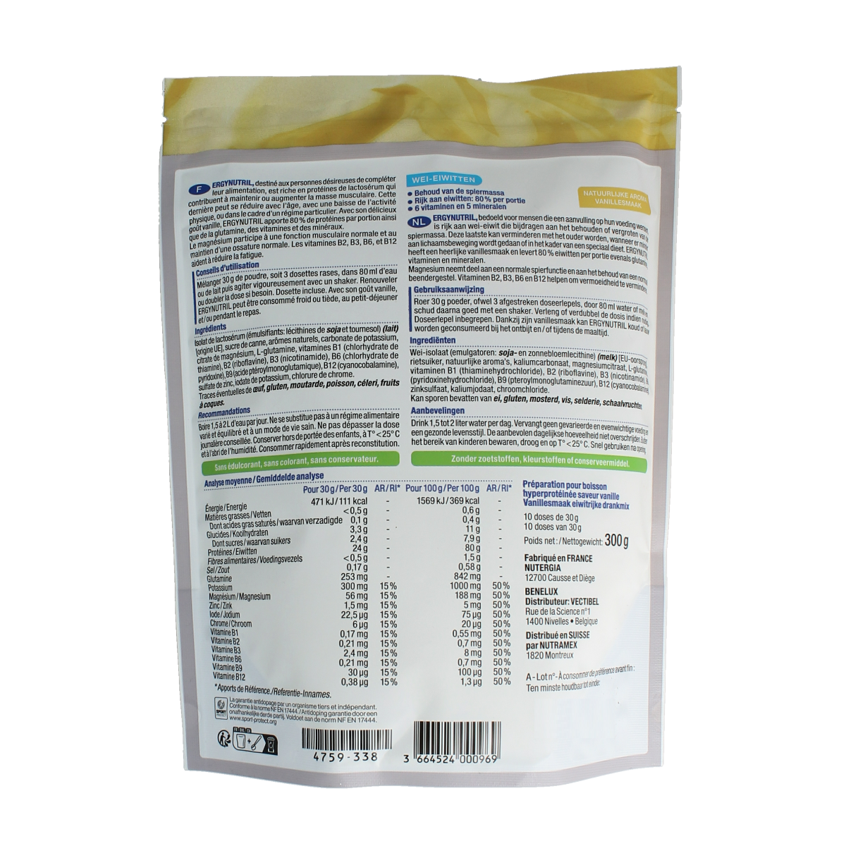 Nutergia Ergynutril Vanille amino acid supplement container, 300g jar with vanilla flavor and label details.