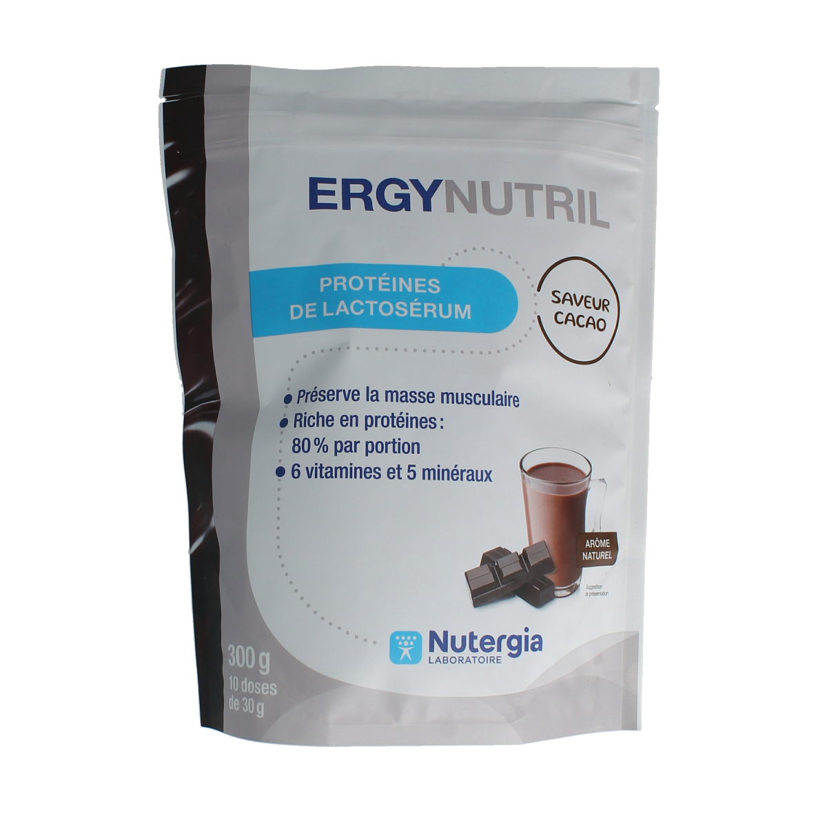 Nutergia Ergynutril cacao amino acids supplement in 300g container, featuring cacao flavor and nutritional information visible.