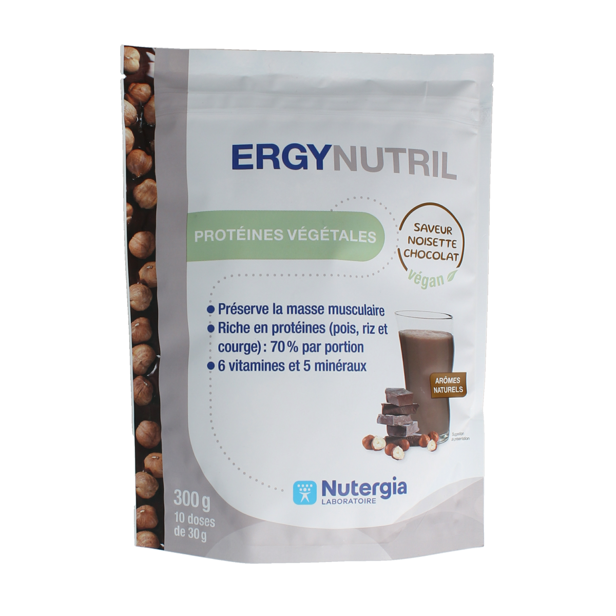 Nutergia Ergynutril vegan chocolate hazelnut amino acids supplement in 300g jar with chocolate hazelnut flavor.